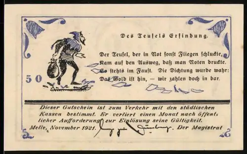 Notgeld Melle 1921, 50 Pfennig, Teufel mit Geldsack und Fabrikmotiv