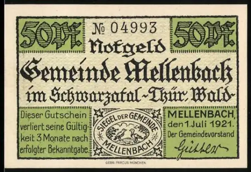 Notgeld Mellenbach im Schwarzatal 1921, 50 Pfennig, Landschaft mit Fluss und Wanderern im Schwarztal