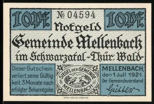 Notgeld Mellenbach im Schwarzatal 1921, 10 Pfennig, Landschaft im Schwarzatal