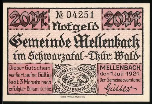 Notgeld Mellenbach im Schwarzatal 1921, 20 Pfennig, Landschaft mit Fluss und Wanderern im Schwarzatal