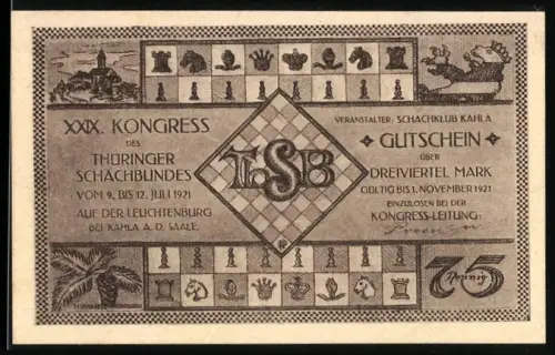 Notgeld Kahla a. d. Saale 1921, 75 Pfennig, Schachmotive und Porträt von A. Anderssen