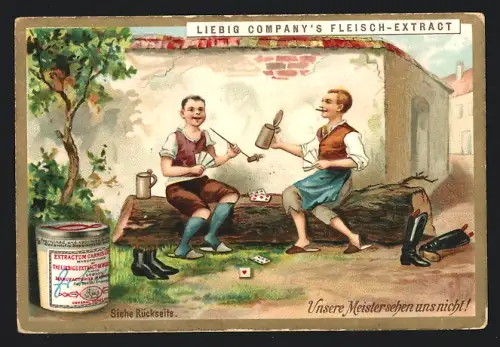 Sammelbild Liebig, Unsere Meister sehen und nicht, Zwei Männer beim Kartenspiel