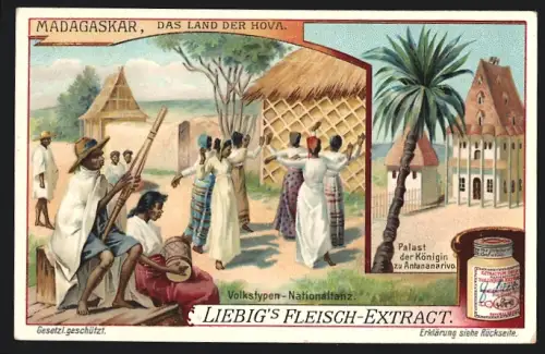 Sammelbild Liebig, Madagaskar, Das Land der Hova, Nationaltanz, Palast der Königin Antananarivo