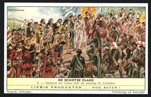 Sammelbild Liebig, De Schotse Clans, Verbond der Clans, vóór de veldslag bij Culloden