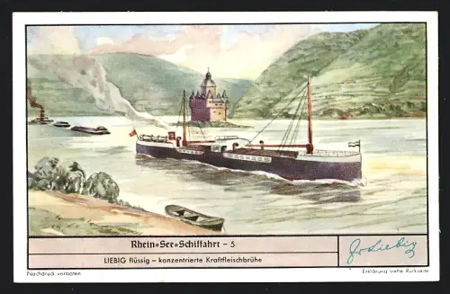 Sammelbild Liebig, Rhein-See-Schiffahrt, Rhein-Seemotorschiff passiert die Pfalz bei Kaub