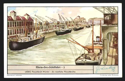 Sammelbild Liebig, Rhein-See-Schiffahrt, Rhein-Seedampfer im Düsseldorfer Hafen