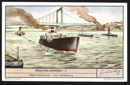 Sammelbild Liebig, Rhein-See-Schiffahrt, Rhein-Seeschiff passiert eine Rheinbrücke