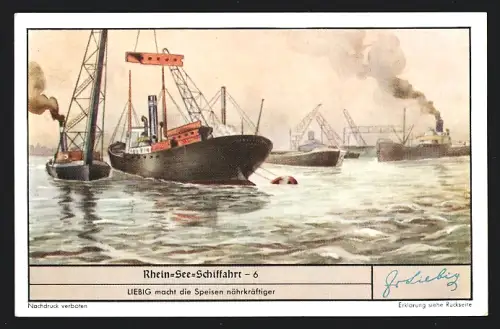 Sammelbild Liebig, Rhein-See-Schiffahrt, Rhein-Seedampfer übernimmt Brückenbauteile