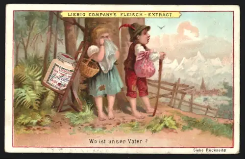 Sammelbild Liebig, Wo ist unser Vater?, Kinder im Wald