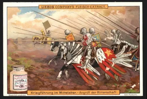 Sammelbild Liebig, Kriegsführung im Mittelalter, Angriff der Ritterschaft