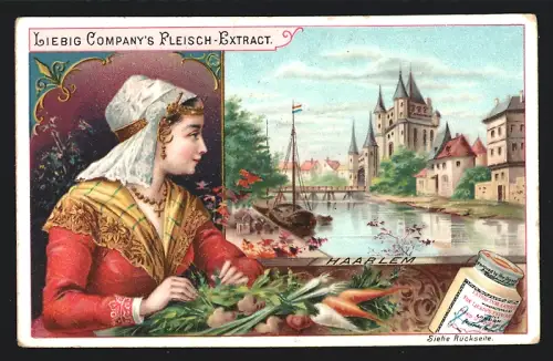 Sammelbild Liebig, Haarlem, Dame mit Gemüse