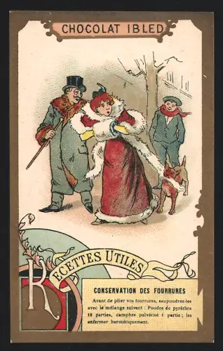 Sammelbild Chocolat Ibled, Paris, Hund zieht an der Stola einer Dame