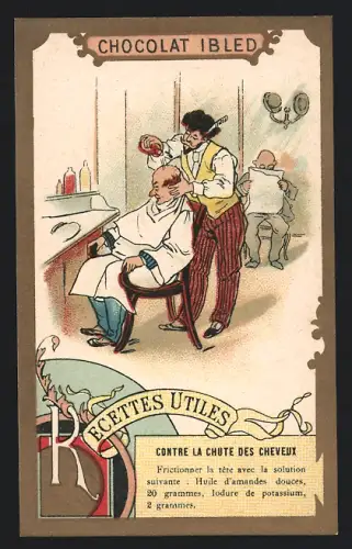 Sammelbild Chocolat Ibled, Paris, Mann mit Halbglatze beim Friseur