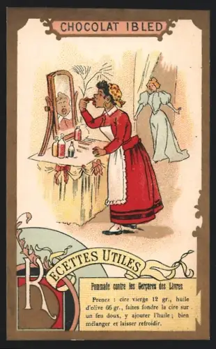 Sammelbild Chocolat Ibled, Paris, Dienstmädchen vor dem Schminkspiegel