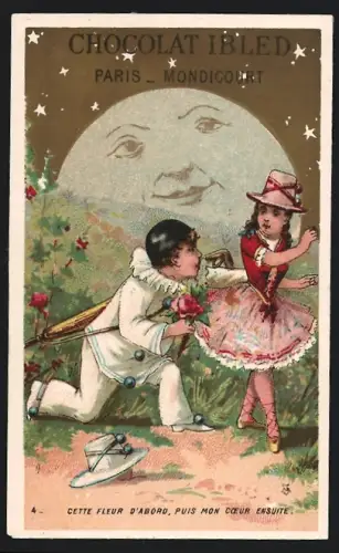 Sammelbild Chocolat Ibled, Paris, Pierrot gibt einer Dame eine Rose