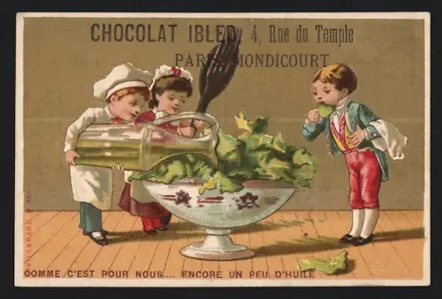 Sammelbild Chocolat Ibled, Paris, Rue du Temple 4, Koch giesst Öl auf einen Salat