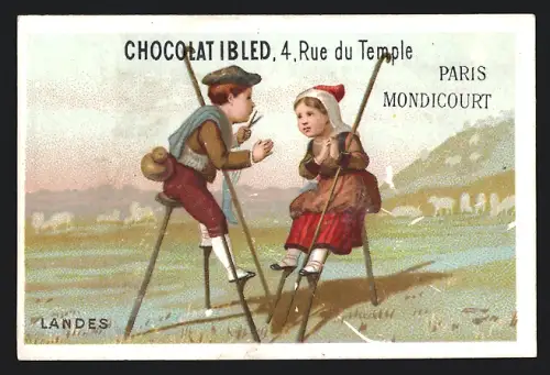 Sammelbild Chocolat Ibled, Paris, Kinder in Trachten auf Stelzen