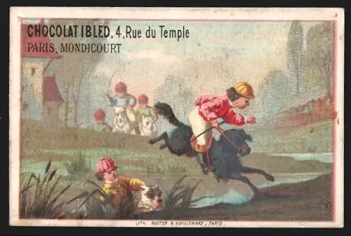Sammelbild Chocolat Ibled, Paris, Rue du Temple 4, Reiter springt über einen Graben