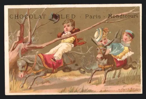 Sammelbild Chocolat Ibled, Paris, Rue du Temple 4, Kinder reiten auf Eseln durch den Wald
