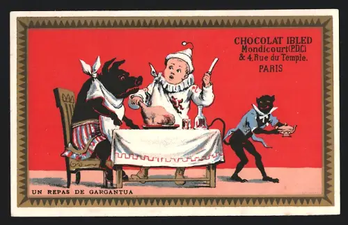 Sammelbild Chocolat Ibled, Paris, Rue du Temple 4, Pierrot serviert Schinken