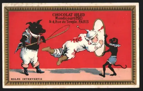 Sammelbild Chocolat Ibled, Paris, Rue du Temple 4, Pierrot springt durch einen Reifen