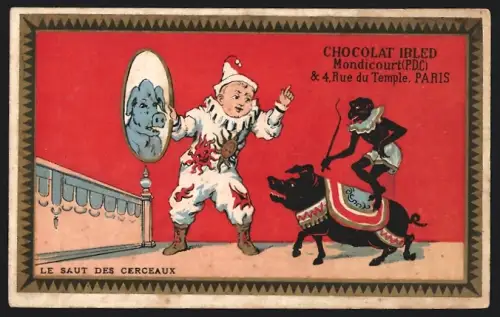 Sammelbild Chocolat Ibled, Paris, Rue du Temple 4, Pierrot hält einen Spiegel hoch