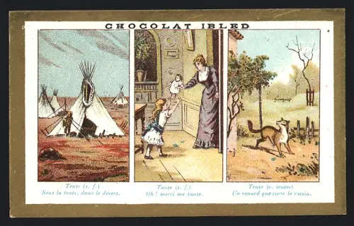 Sammelbild Chocolat Ibled, Paris, Frau gibt Kind eine Puppe, Indianer-Zelt