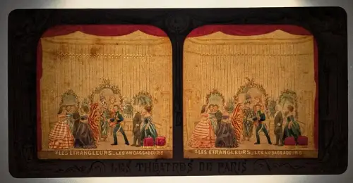 Stereo-Fotografie Adolphe Block, Paris, les Etrangleurs, les Ambassadeurs, Halt gegen das Licht / Hold to Light
