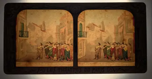 Stereo-Fotografie Adolphe Block, Paris, le Barbier de Seville, la Serenade, Halt gegen das Licht / Hold to Light