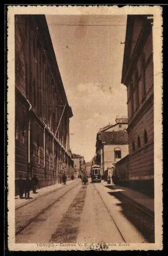 AK Torino, Caserma Vittorio Emanuele II., Via della Zecca, Strassenbahn
