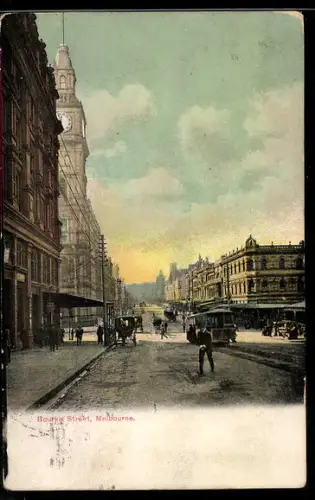 AK Melbourne, Bourke Street, Strassenbahn