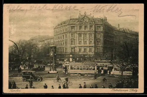 AK Berlin, Potsdamer Platz mit Wintergarten, Strassenbahn
