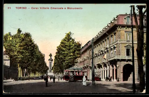 AK Torino, Corso Vittorio Emanuele e Monumento, Strassenbahn