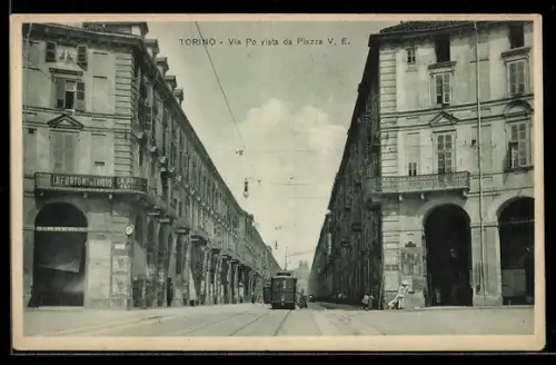 AK Torino, Via Po vista Piazza V. E., Strassenbahn