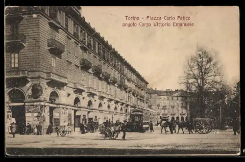 AK Torino, Piazza Carlo Felice angolo Corso Vittorio Emanuele, Strassenbahn