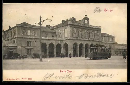 AK Torino, Porta Susa, Strassenbahn