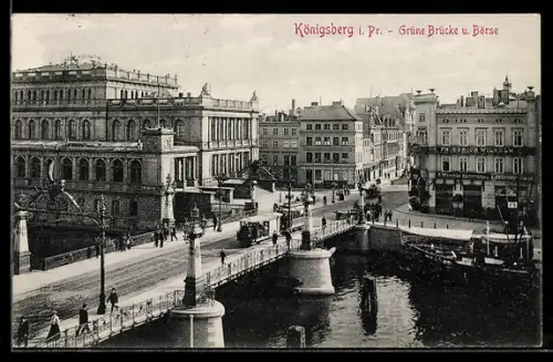 AK Königsberg i. Pr., Grüne Brücke und Börse, strassenbahn, Strassenbahn