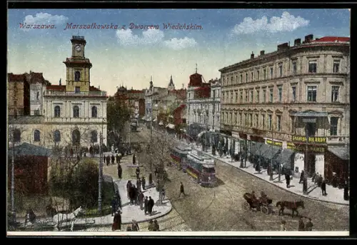 AK Warschau-Warszawa, Marschalkowstrasse mit Strassenbahn
