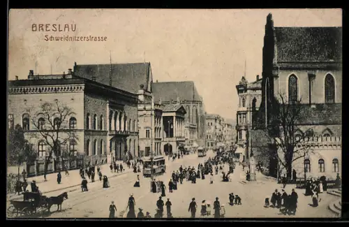 AK Breslau, Schweidnitzerstrasse mit Strassenbahn