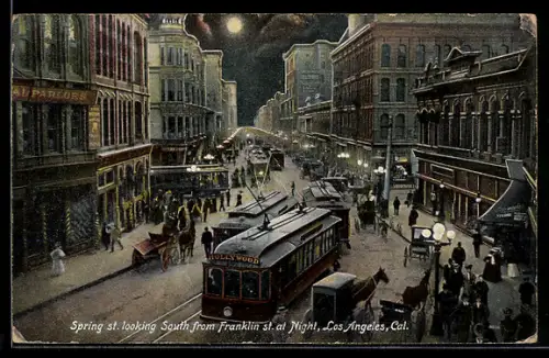 AK Los Angeles, CA, Spring St. looking South from Franklin, Strassenbahn