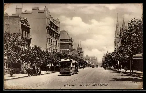 AK Melbourne, Collins Street with tramway, Strassenbahn