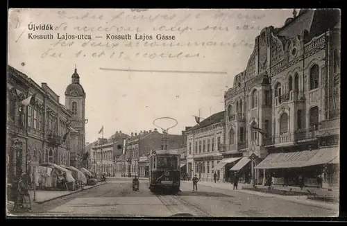 AK Ujvidék, Kossuth Lajos Gasse mit Strassenbahn