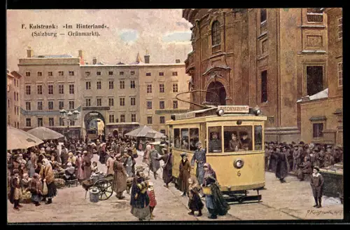 Künstler-AK Salzburg, Grünmarkt mit Strassenbahn und Passanten