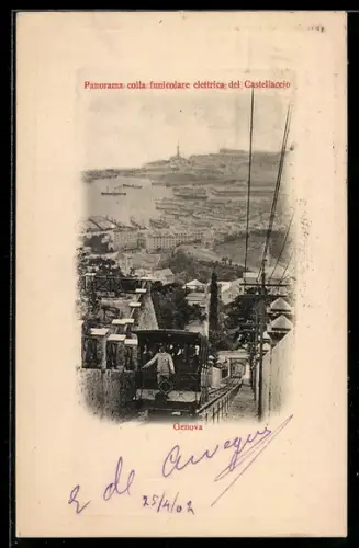 AK Genova, Panorama colla funicolare elettrica del Castellaccio, Bergbahn