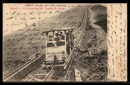AK Napoli, La Funicolare del Vesuvio in azione, Bergbahn