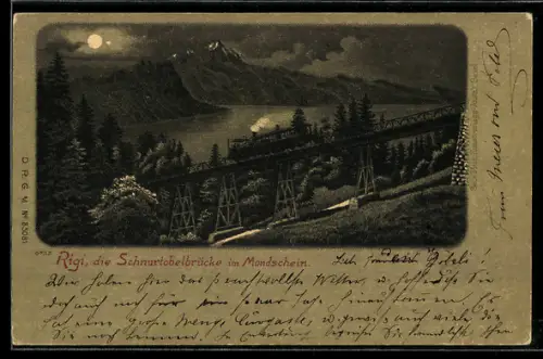 Lithographie Rigibahn, Bergbahn auf der Schnurtobelbrücke im Mondschein