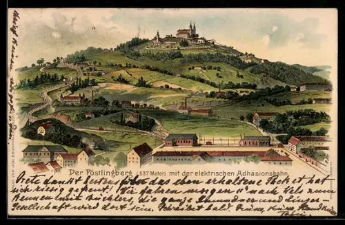 Lithographie Pöstlingberg, Elektrische Adhäsionsbahn auf den Berg