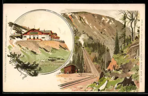 Lithographie Puchberg am Schneeberg, Hotel Panhans auf dem Hochschneeberg, Station Baumgarten der Schneebergbahn