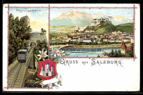 Lithographie Salzburg, Teilansicht, Festungsbahn, Wappen