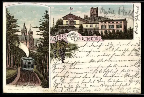 Lithographie Königswinter /Rhein, Bergbahn an der Drachenburg, Drachenfels mit Gaststätte